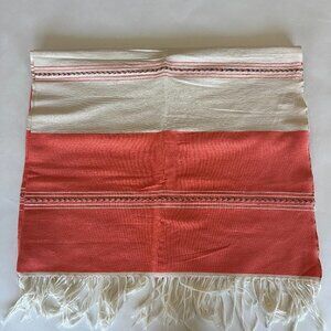 Cream & Orange/Coral Striped Woven Mexican Beach Blanket or Tablecloth